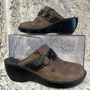 Born Brown Leather Metal Slip On 10 Wedges Mules Shoes CIG11 Boho Festival Biker